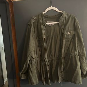 Olive colored jacket, adjustable waist